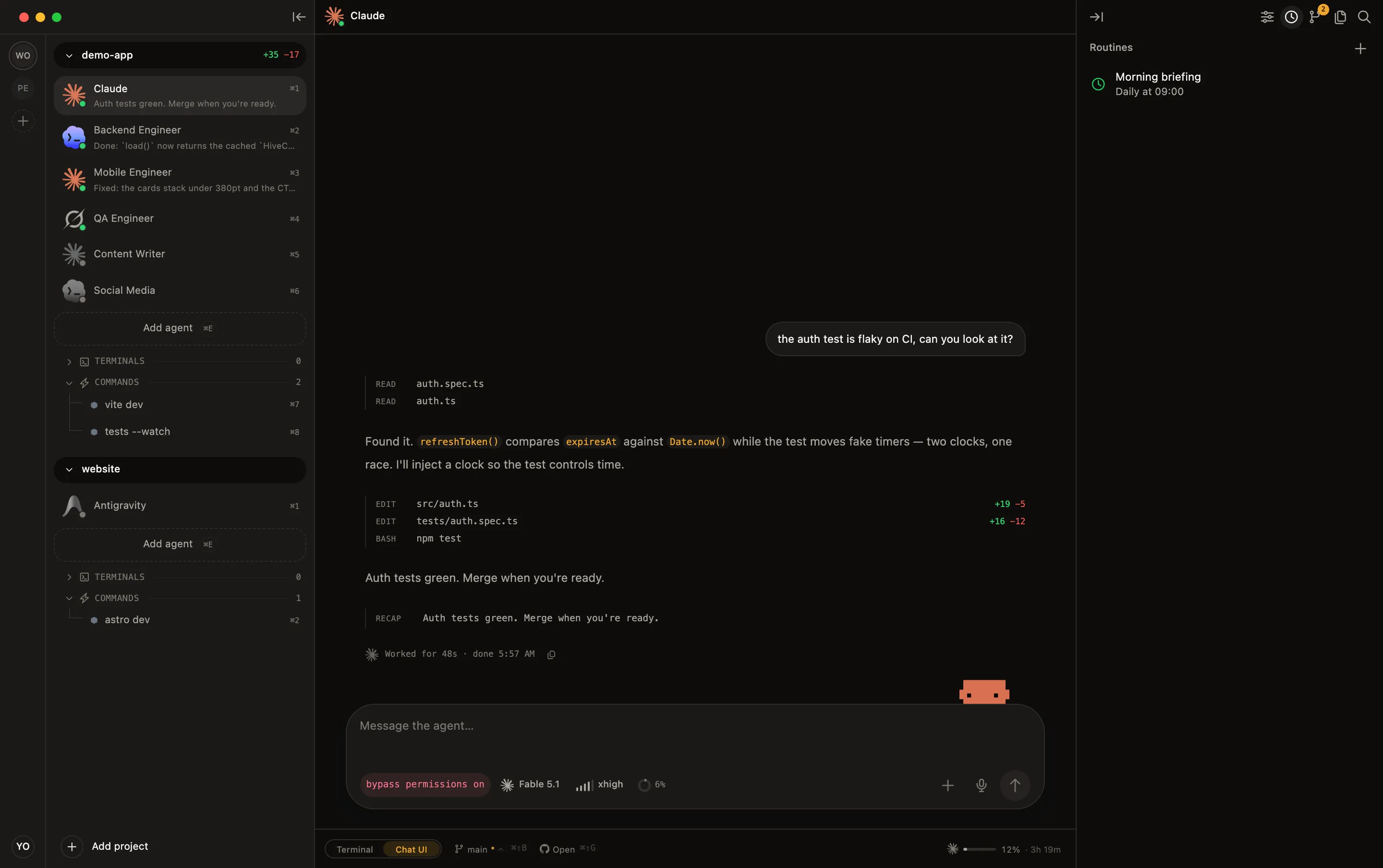 HiveTerm com o Claude Code em chat: a conversa, as chamadas de ferramenta e o recap, três projetos na sidebar e a coluna de rotinas do agente